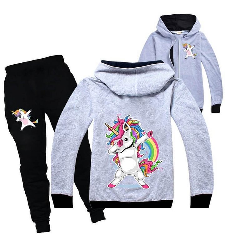 Mayoulove Dab Dance Rainbow Unicorn Print Girls Boys Zip Up Hoodie And Pants Set-Mayoulove