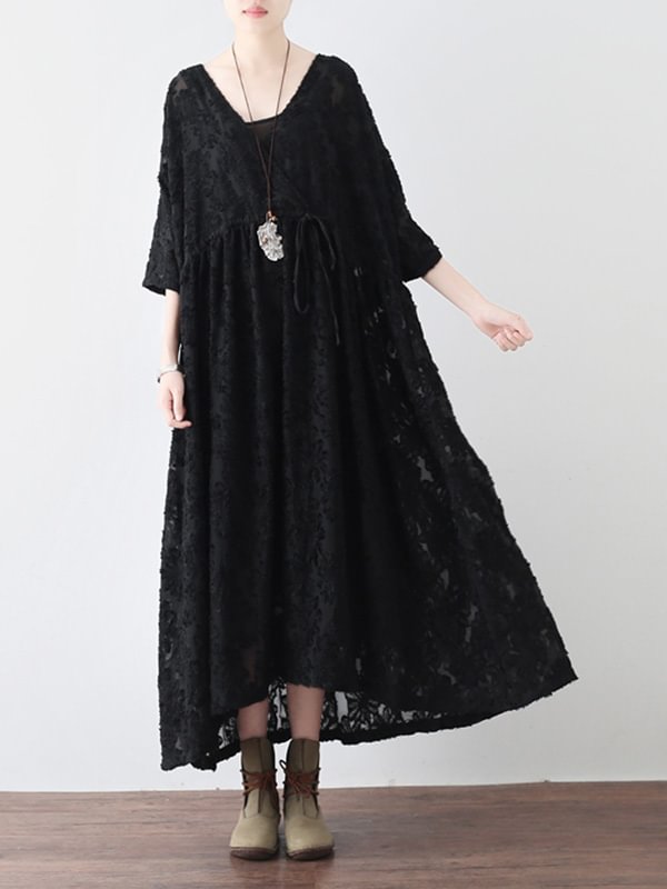 Loose Lace Hollow Cropped V-Neck Long Dress