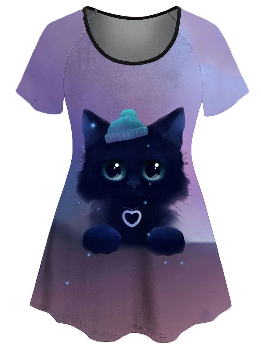 Black Baby Cat Print Short Sleeve Round Neck Top