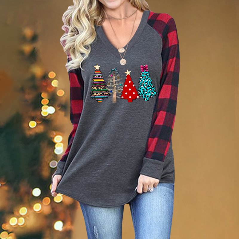 Plaid Stitching Christmas Tree Print V-neck T-shirt