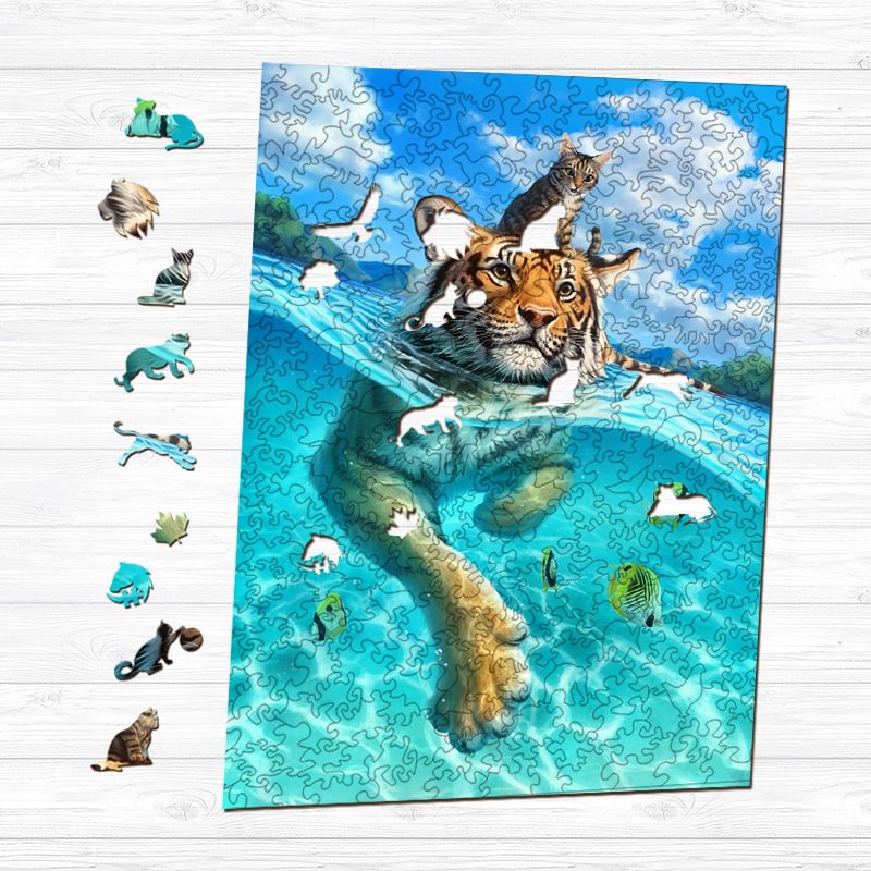 Jeffpuzzle™-JEFFPUZZLE™ Felines Swimming Time Wooden Puzzle