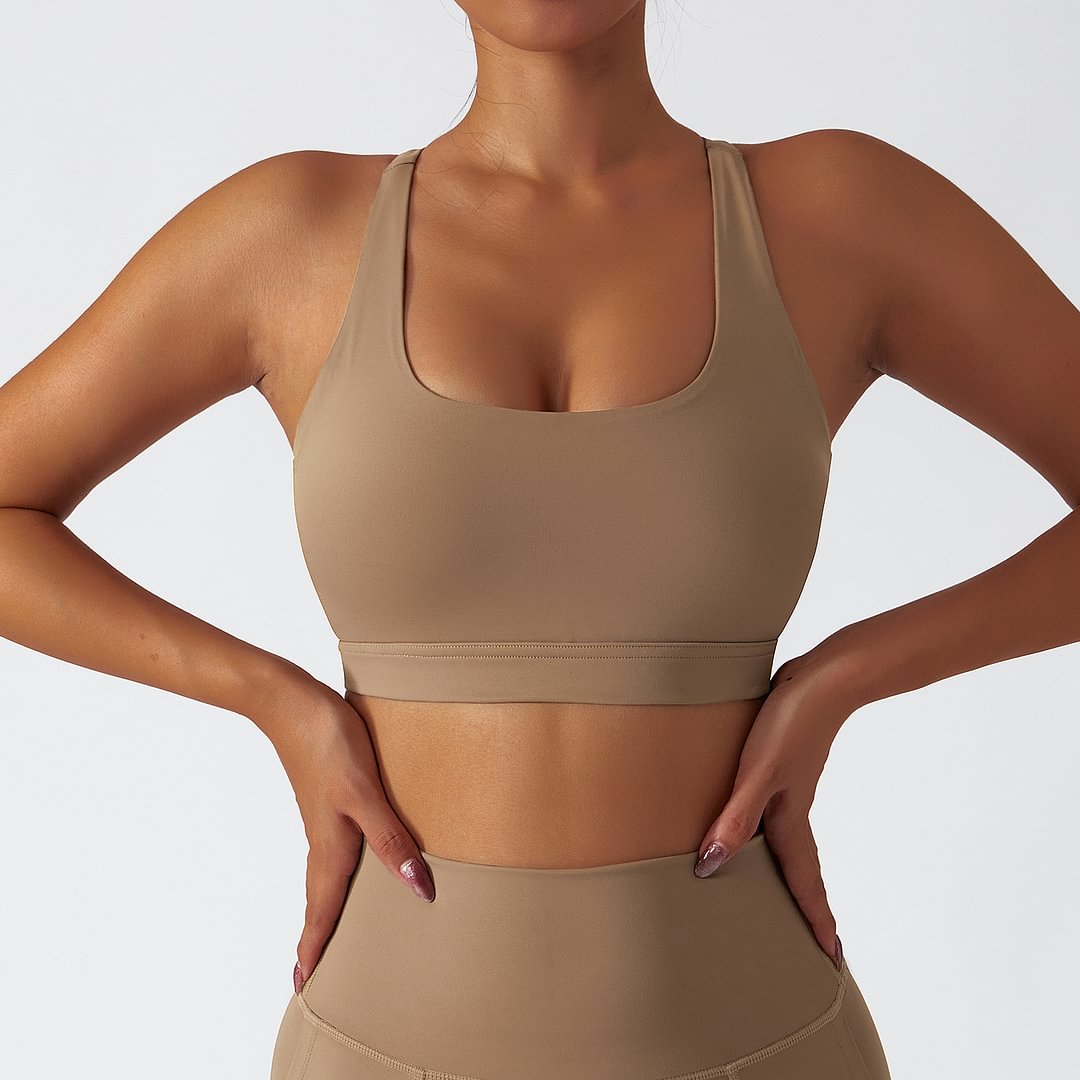 Hergymclothing Camel Brown eco friendly sustainable recycled fabric high impact racer back sports bra for sale