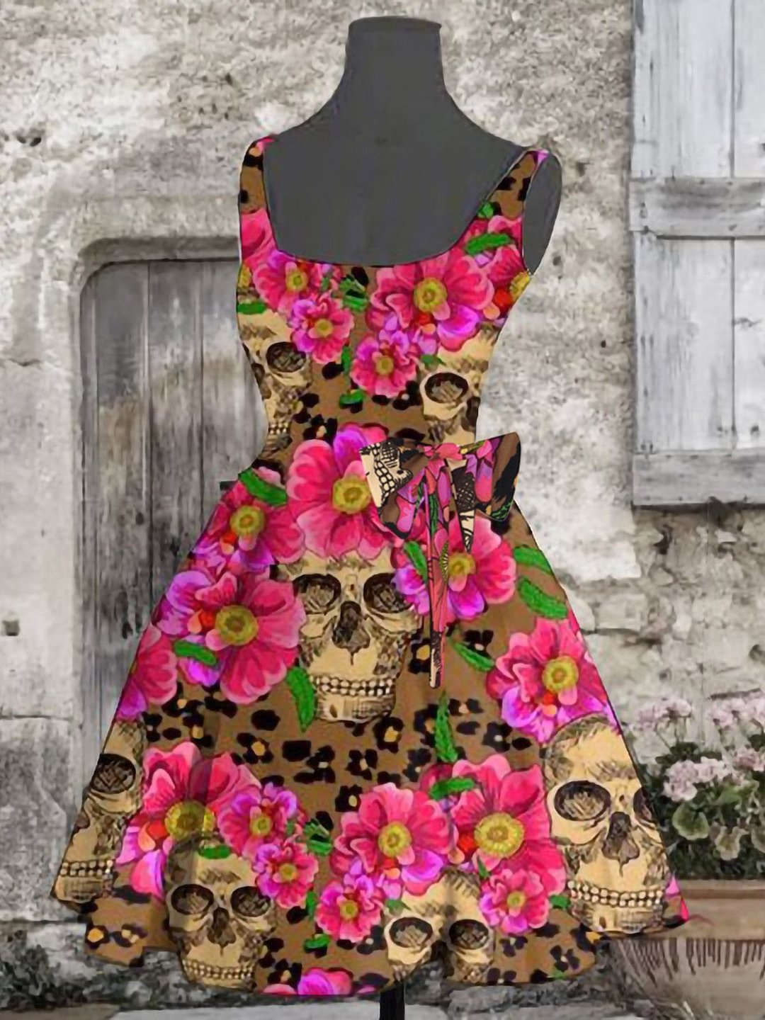 A-line Skull And Floral Printing Halloween Party Cosplay Apron Dress With Bow-knot