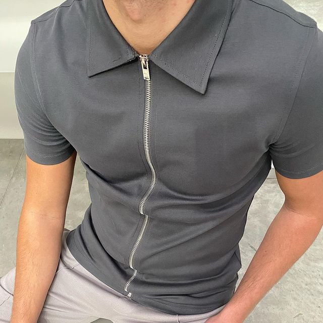 Solid color zip slim-fit shirt / [viawink] /