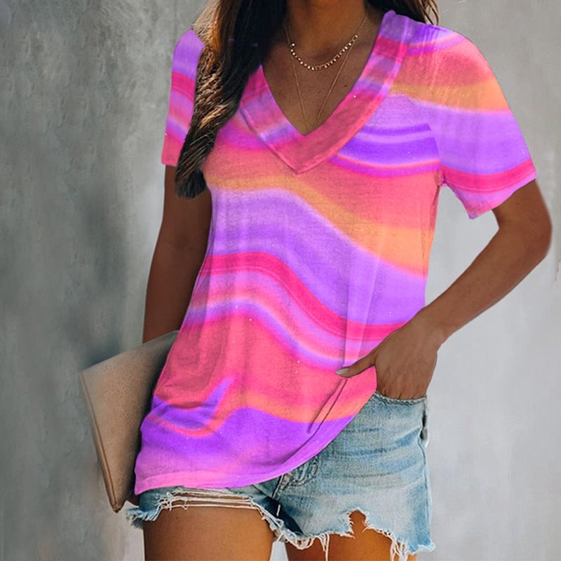 Gradient Striped Colorful Print V-Neck T-Shirt
