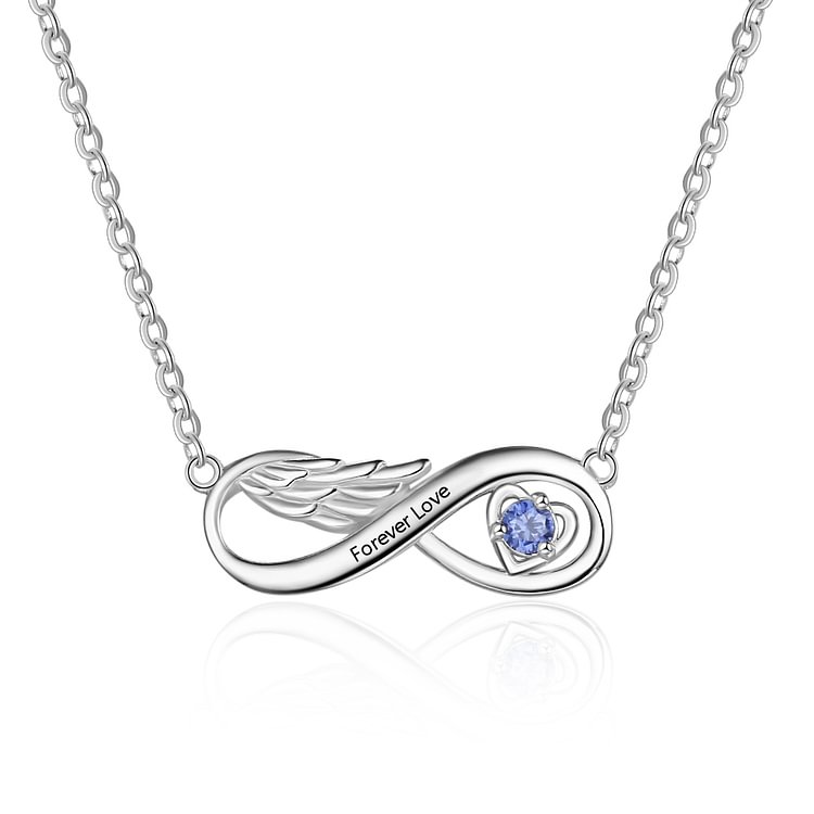 Infinity Angel Wing Necklace With Birthstone  Engraved Text Pendant
