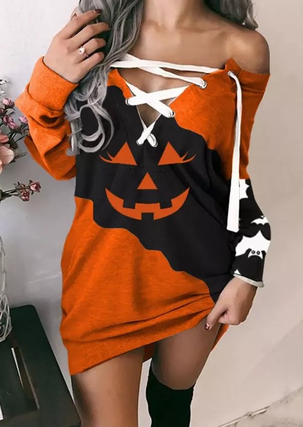 Halloween Pumpkin Face Lace Up Mini Dress - CODLINS - codlins.com