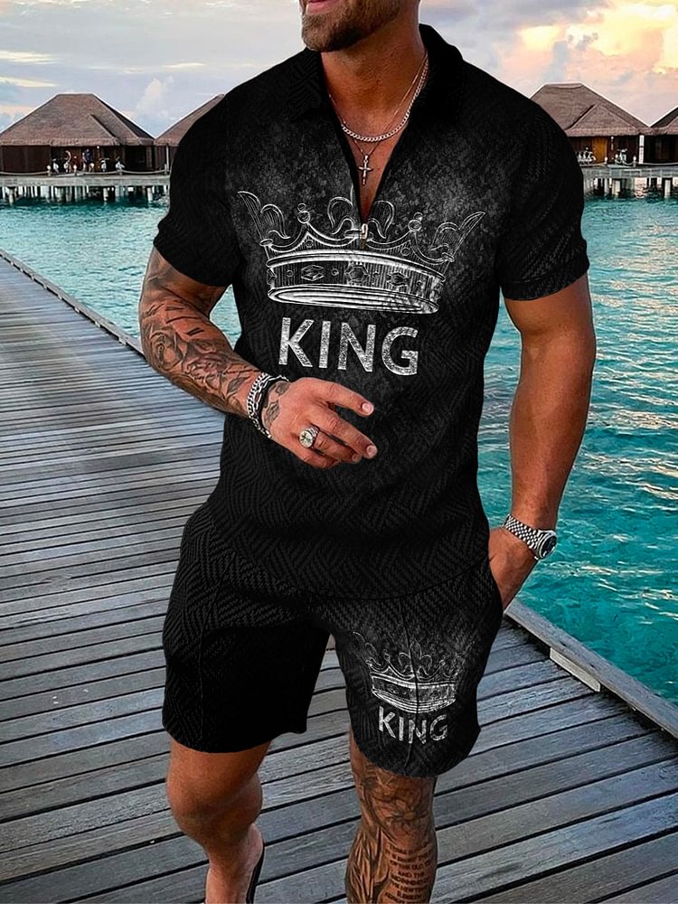 Men's Vacation KING Printed Polo Black Suit