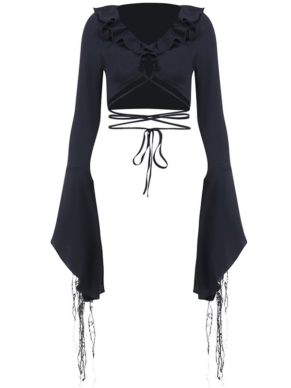 Goth Witch Ruffled Fringed Bandaged Long Bell Sleeve Crop Top