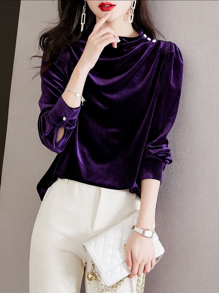 Purple pleated plain velvet top
