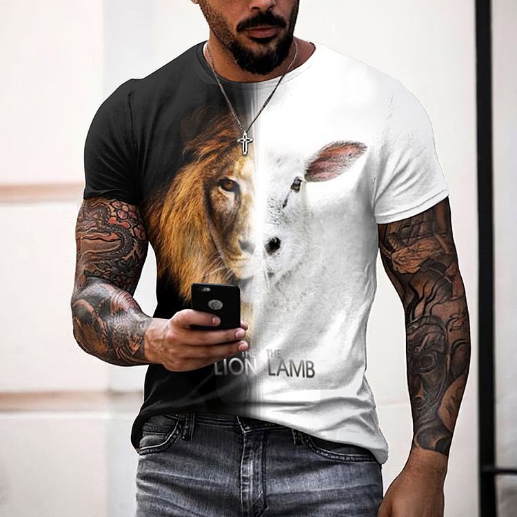BrosWear Men's Fashion Cozy Contrast Lion and Lamb T-Shirt