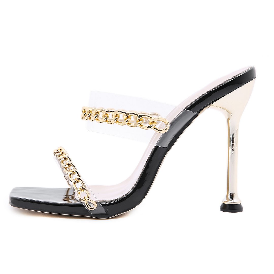 Fashion Square Toe Golden Strap Sandals Women Stiletto Heels - vzzhome