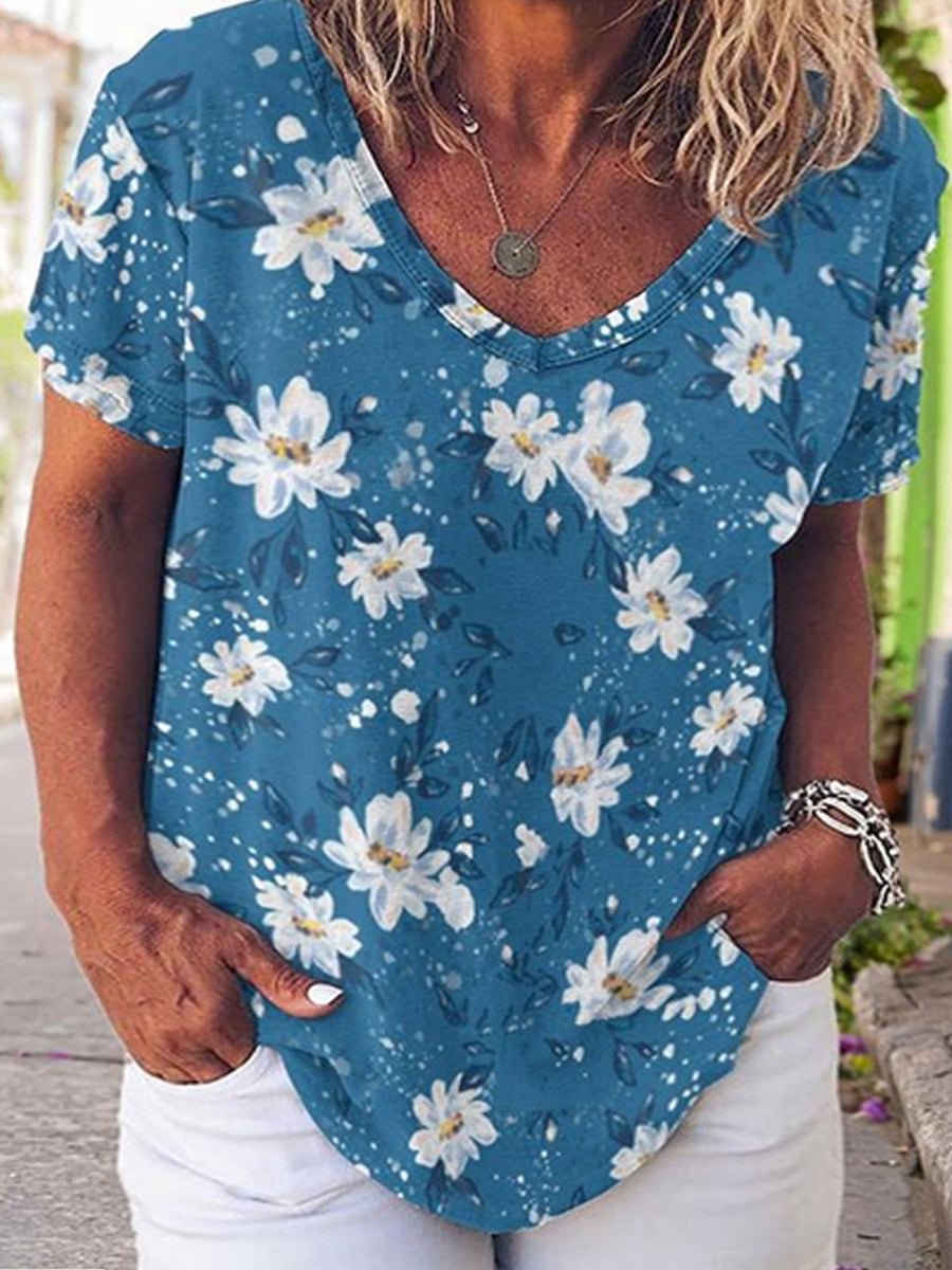 Casual Flower Print Loose V Neck Top