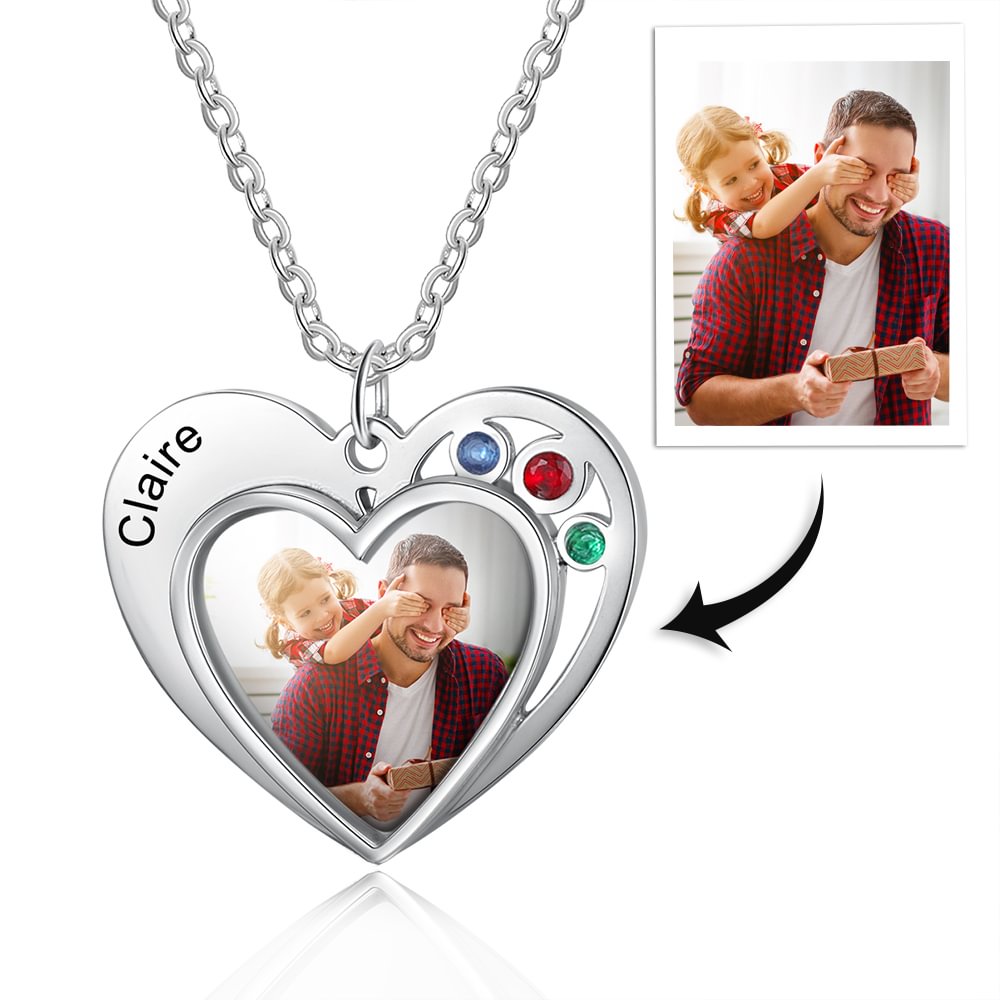 Custom Picture Necklace Heart Pendant With 3 Birthstone Personalized Gift, Personalized Necklace with Picture and Name