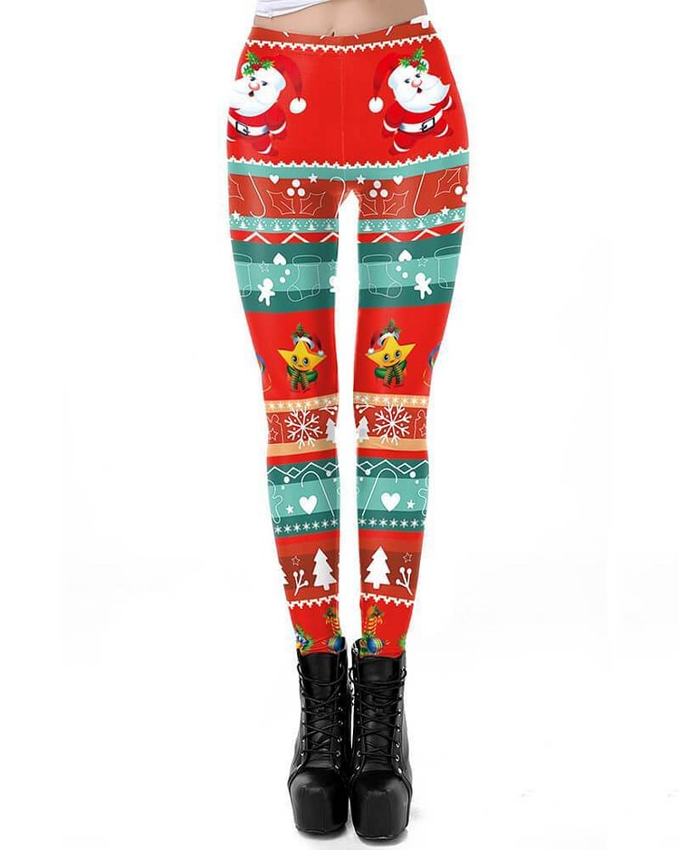 Mayoulove Striped Christmas Elements Printed Red Christmas Tights Leggings-Mayoulove