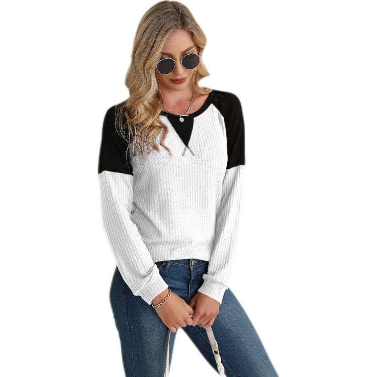 Women's casual knit sweater top sexy fashion loose knit long-sleeved waffle sweater round neck stitching long-sleeved top