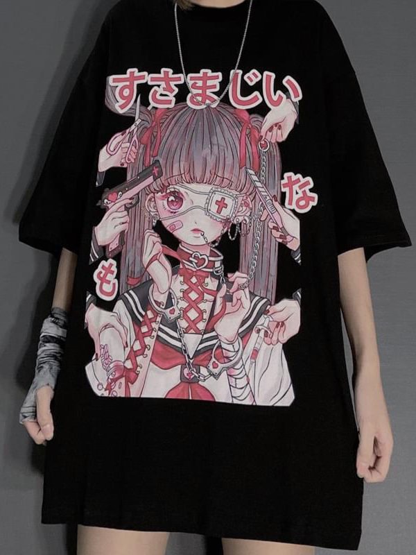 Punk Style Anime Girl Printed Casual T-shirt