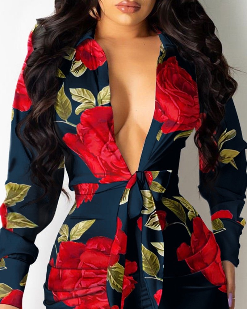 Floral Print Plunging Knot Tie Shirt Dress