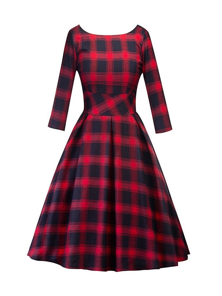 Mayoulove 1960s Vintage Shirt Dress Half Sleeve High Waist Red Plaid Dress-Mayoulove