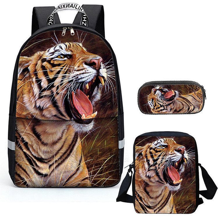Mayoulove 3 In 1 School Backpacks Teens Girls Boys Preschool Shoulder Bagpack+Cooler Warm Lunch Pouch+Zipper Closure Pencil Case Cool 3D Tiger Bookbags Sets-Mayoulove