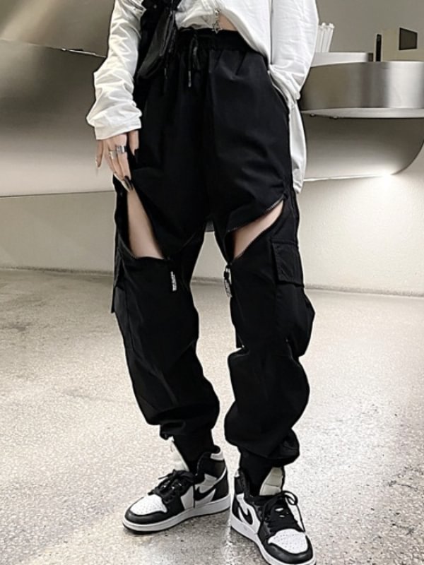 Dark Street Fashion Solid Color Zipper High Rise Loose Ankle Banded Pants