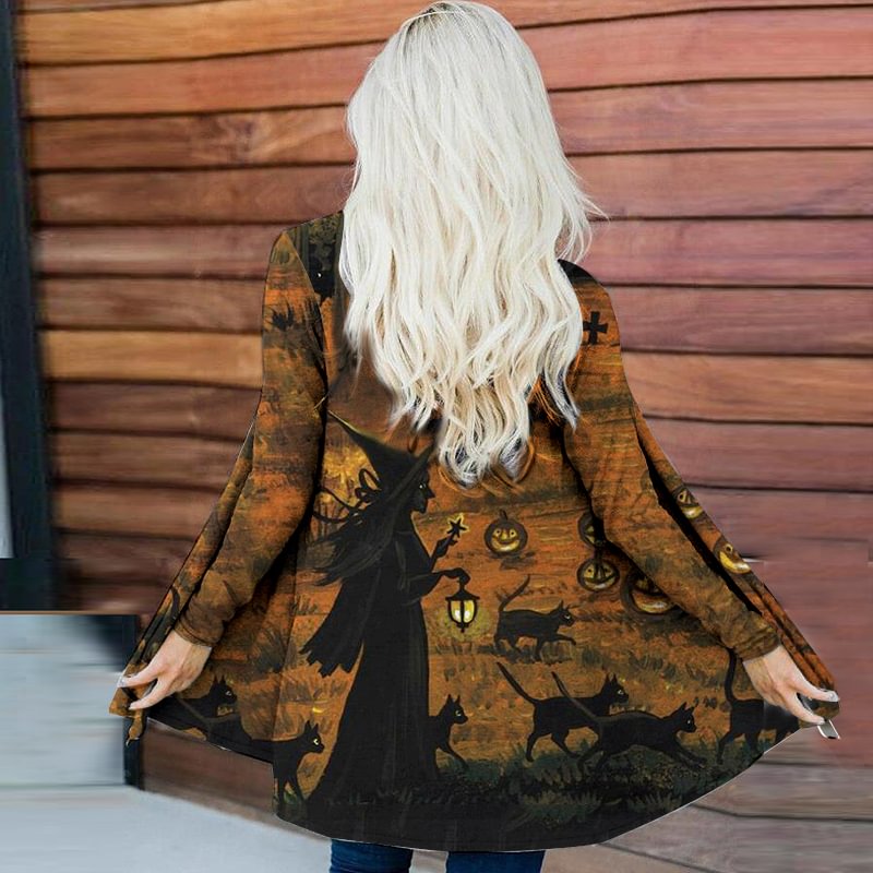Black Cat Walked With The Witch Printed Longline Cardigans