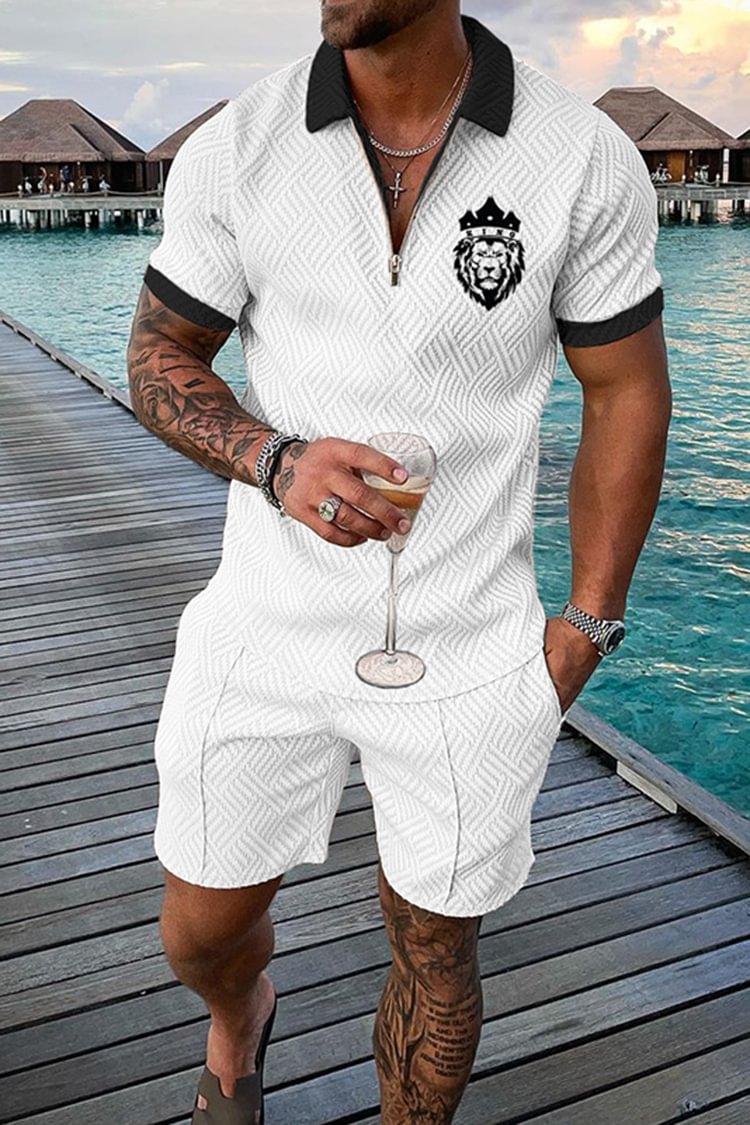 Tiboyz Fashion Men's Casual Colorblock Short Sleeve Polo Shirt Set