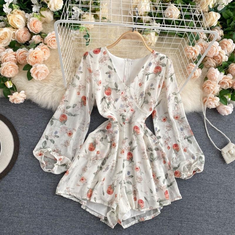 Long SLeeve Floral Chiffon Rompers P13306