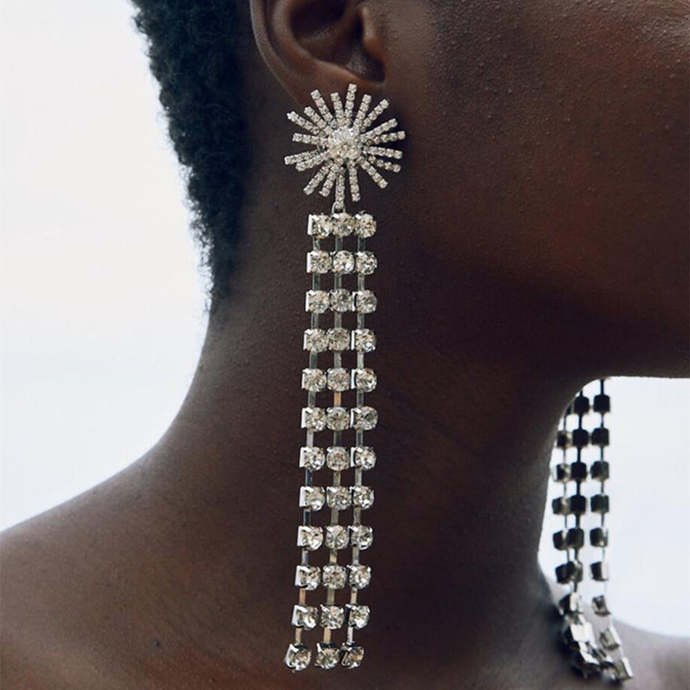 Rhinestone Sun Flower Long Tassel Drop Earrings Wedding Jewelry for Women-VESSFUL