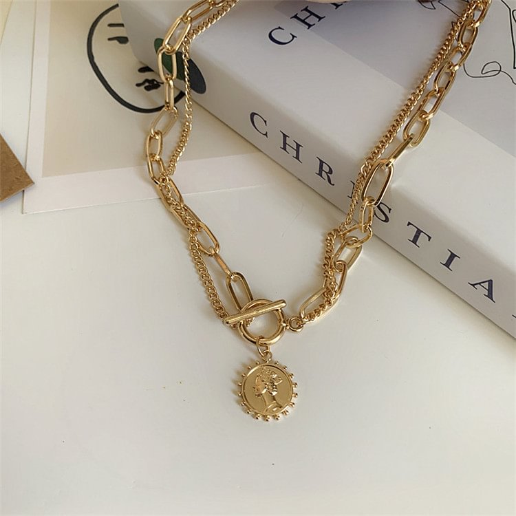 Women's  Temperament Double-layer Necklace Female Personality Simple Beauty Head Pendant Ins Cool Wind Minority Clavicle Neck Chain