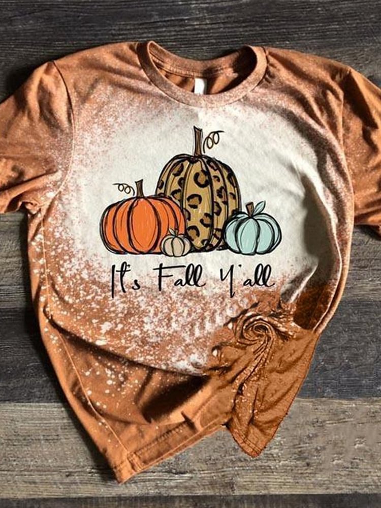 Halloween Pumpkin Print Round Neck Short Sleeve Tie-dye T-shirt-Mayoulove