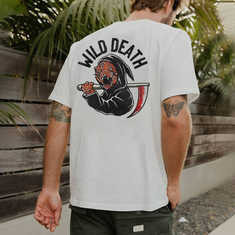 Cloeinc   Wild Death Tiger Reaper Print Crew Neck White T-shirt - Cloeinc