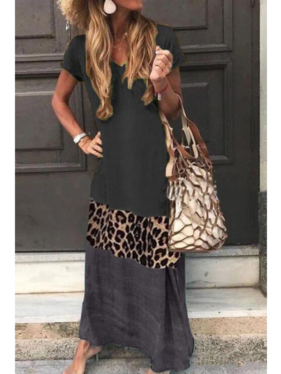 Leopard Printed Contrasted V-neck Maxi Dress (4 Colors) P13169