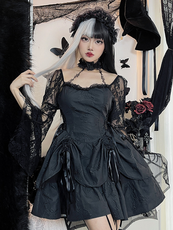Butterfly & Flower Jacquard Lace Up Halter Layered Dress