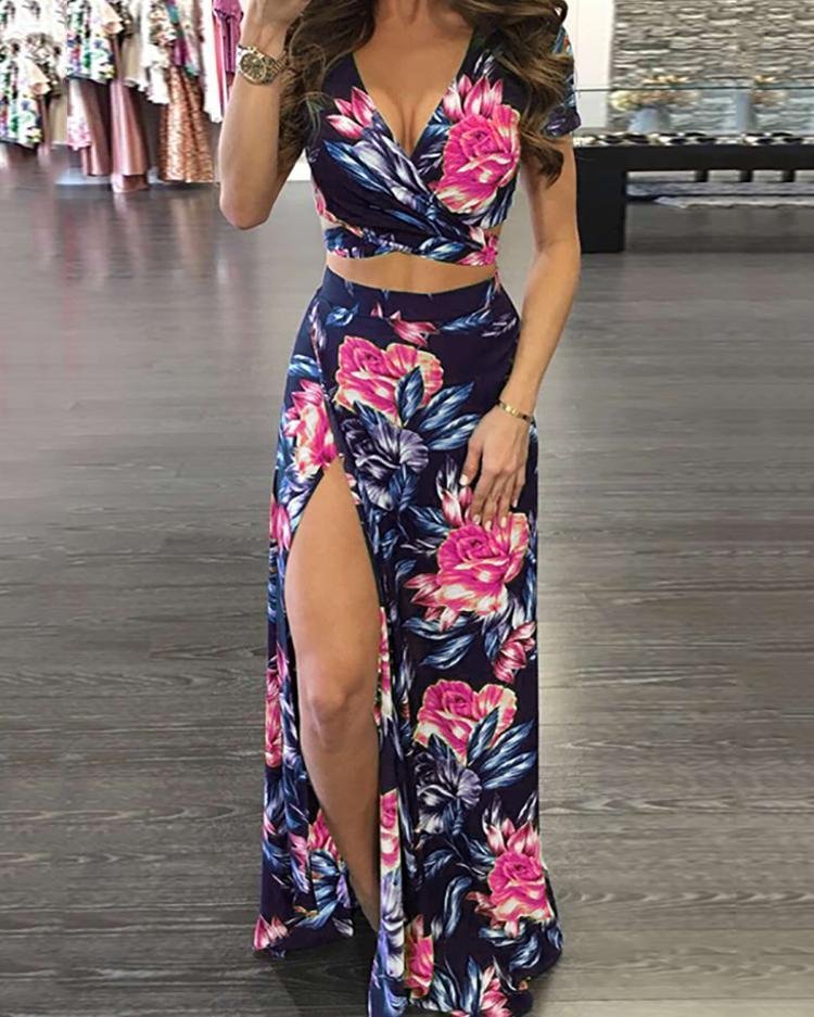 Stylish High Slit Floral Print Maxi Dress Set P15663