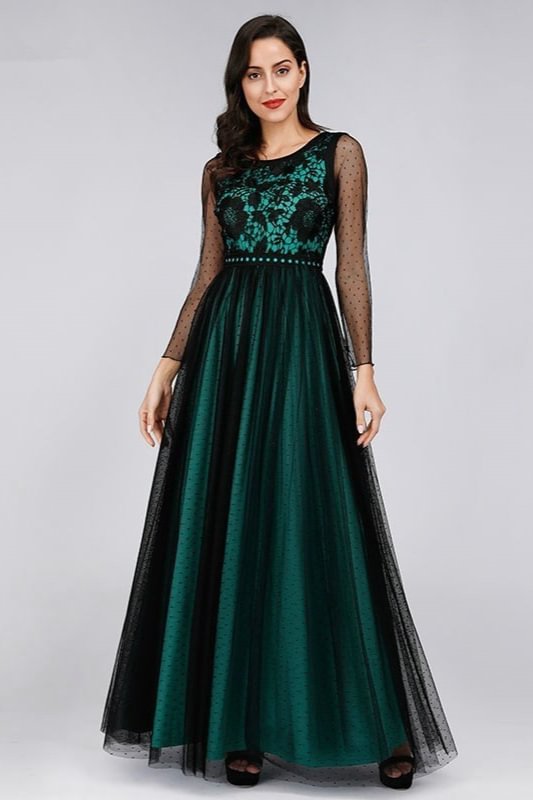 Green Long Sleeve Sheer Tulle Lace Evening Prom Dress Online