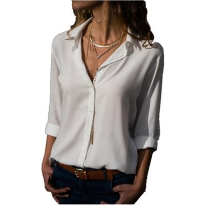 Women's Chiffon Shirt Long Sleeve Deep V Lapel Button Shirt
