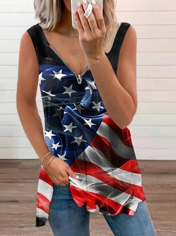 Casual American Flag Print Zipper V-Neck Vest