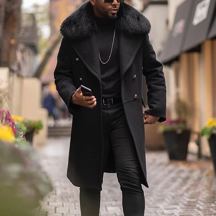 BrosWear Men's Casual Solid Color Large Fur Collar Long Coat Black
