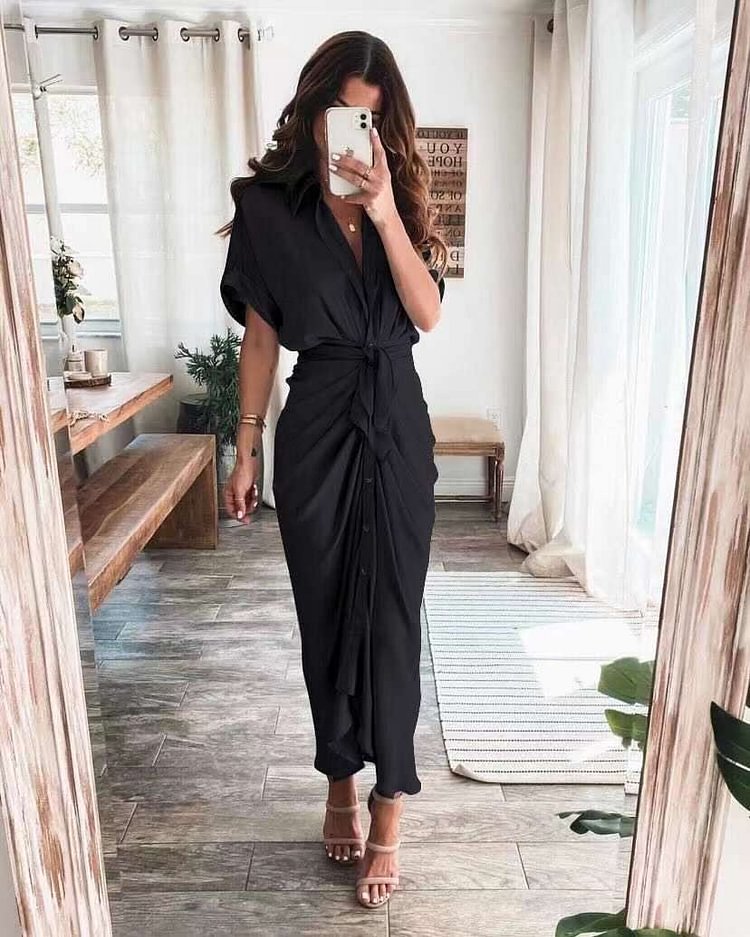 Women's Vintage Plain Short Sleeve Midi 