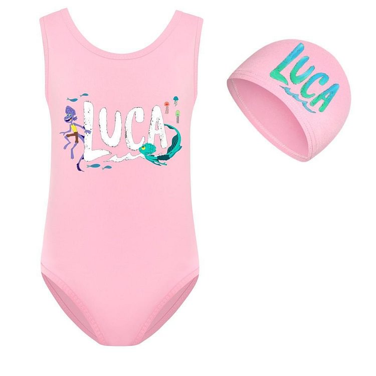 Luca Print Pink Blue Girls Sporty One Piece Swimsuit And Swimming Cap-Mayoulove