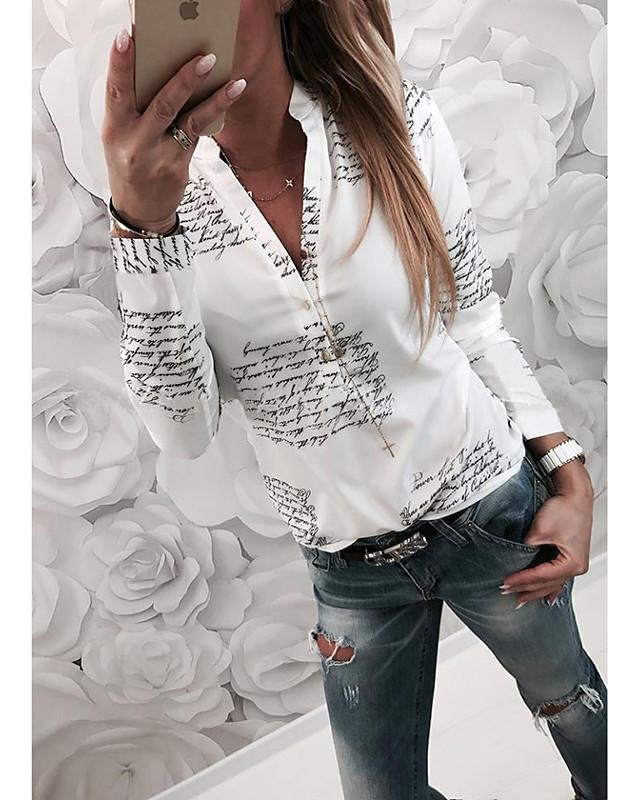 Women's Blouse Shirt Pattern Letter Long Sleeve Shirt Collar Tops Slim Basic Basic Top White-803-Corachic