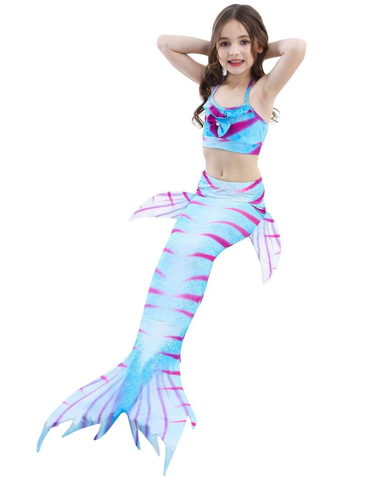 Striped Light Blue Mermaid Tail With Top And Bottom Girls Swimsuit-Mayoulove