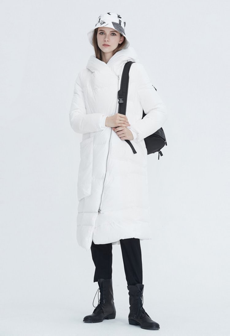 SDEER Asymmetrical White Long Down Jacket With Diagonal Flap