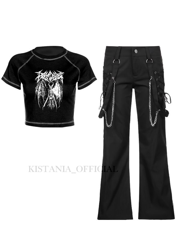 Dark Black Skeleton Graphic Crop Tee + Chain-trimmed Zipped Solid Black Flare Pants with Streamer 2 Pieces Sets