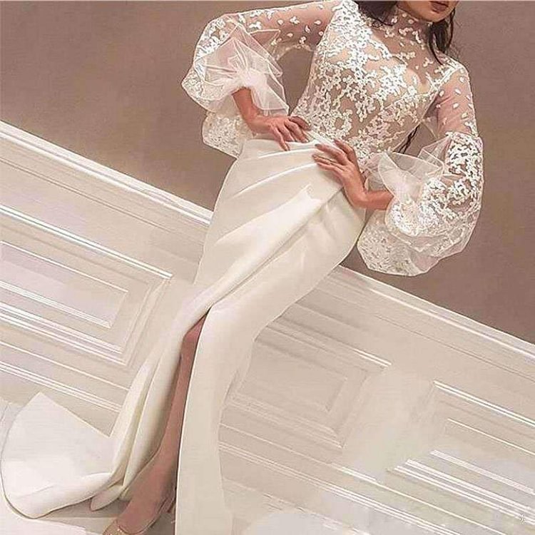 Promsstyle Lace embroidery high neck puff sleeves slit maxi dress