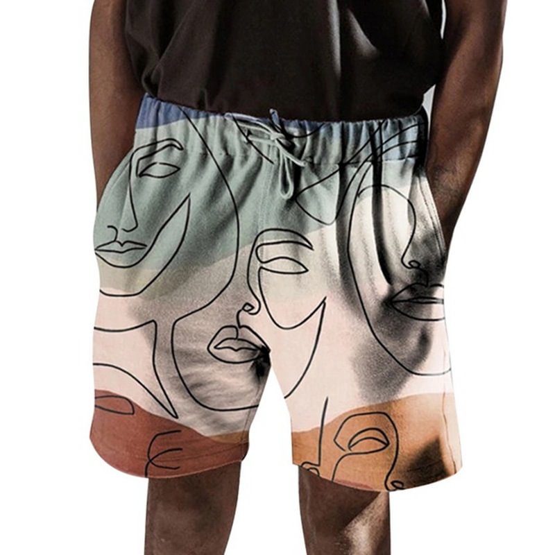 Abstract Face Pattern Men's Summer Casual Street Beach Shorts-VESSFUL