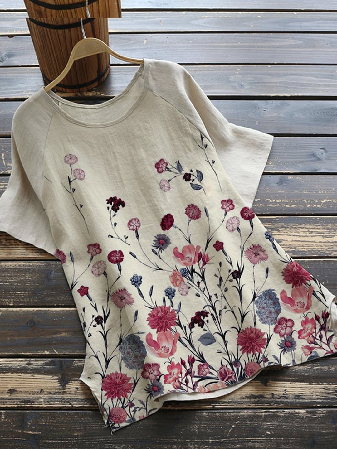 Khaki Pastoral Floral Cotton-Blend Shirts & Tops-Corachic