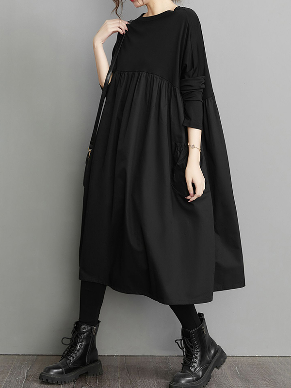 Loose Fit Black Short Sleeve Midi Dress