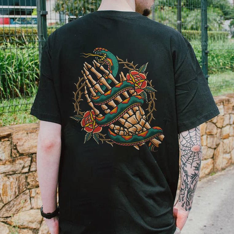 Skull Finger Flower And Snake Print T-shirt - Krazyskull